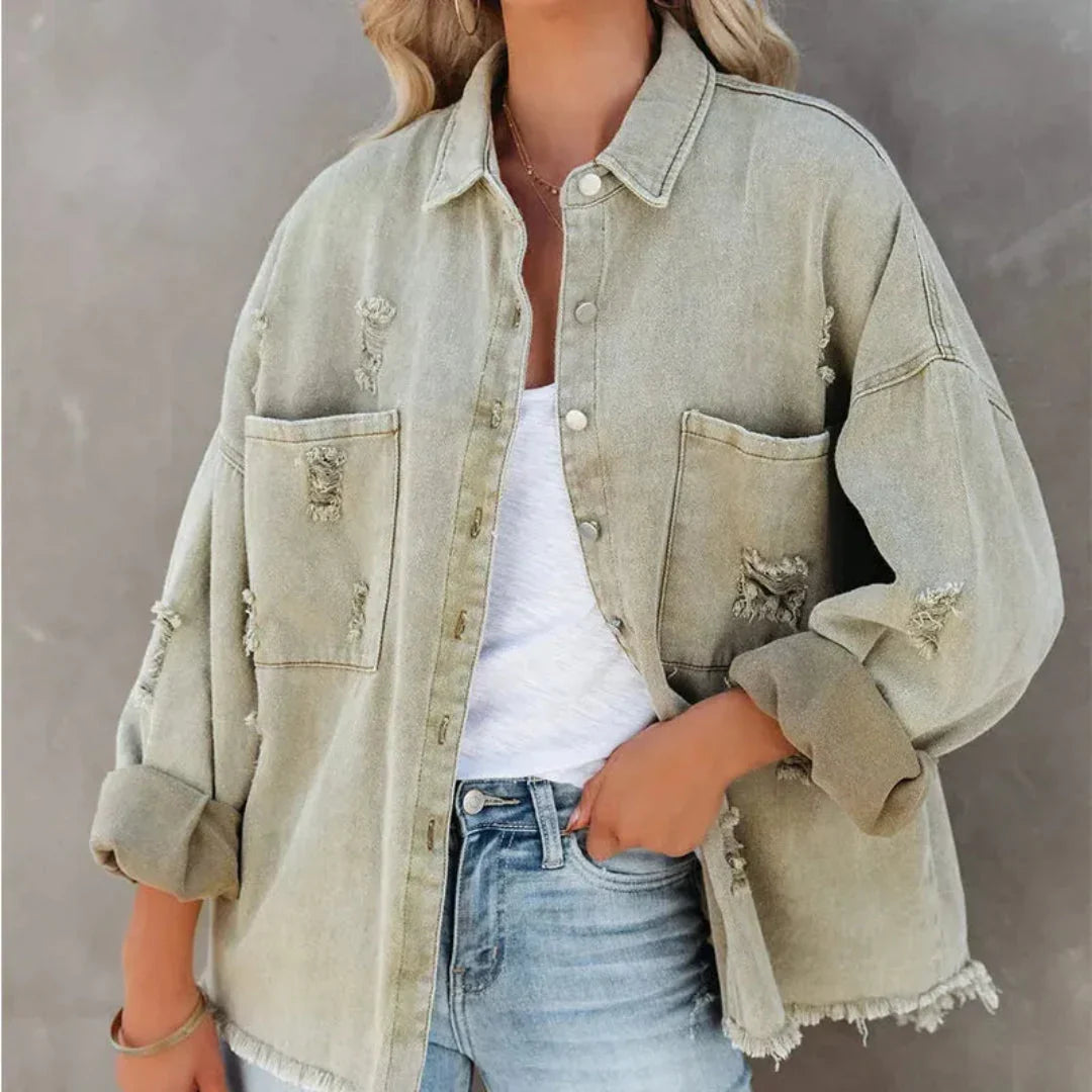 Women's Distressed Denim Jacket | Trendy Oversized Frayed Coat