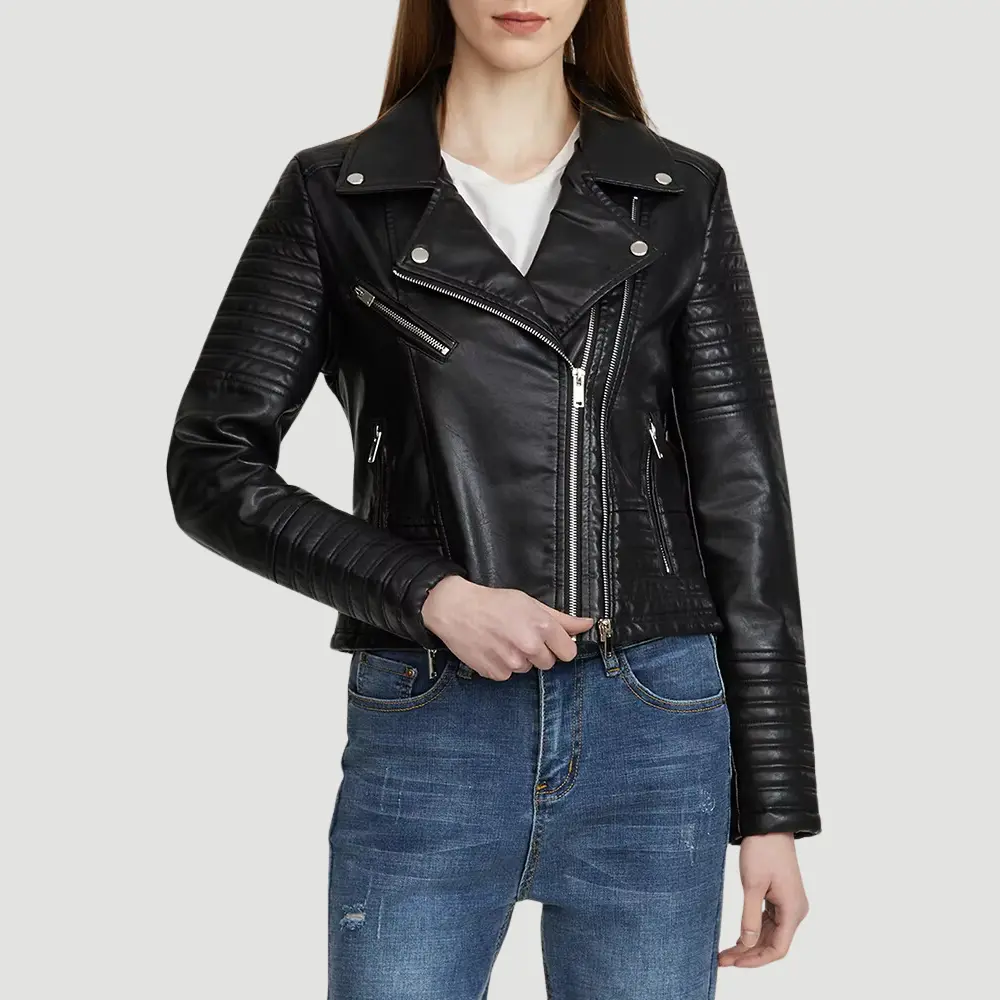 Women's Faux Leather Biker Jacket | Daniella Edgy Black Coat