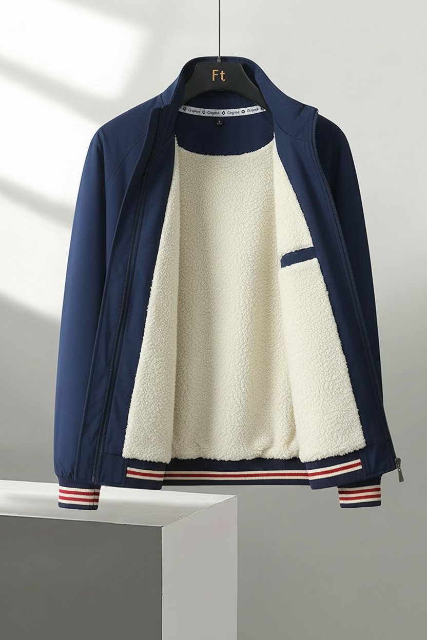 Navy blue jacket with white fleece lining on a gray background