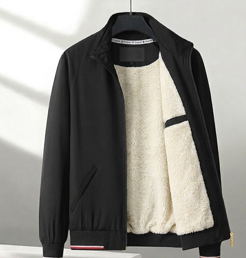 Black jacket with white fleece lining on a hanger against a neutral background