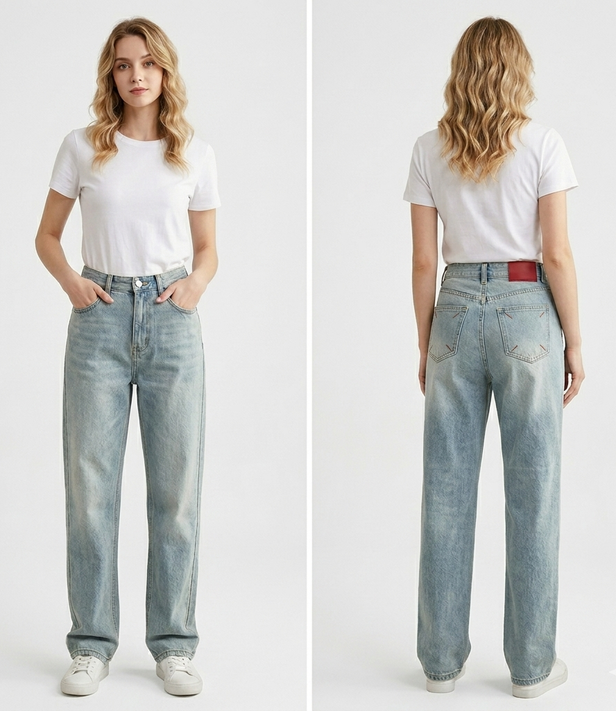 Woman wearing light blue jeans and a white t-shirt, shown from front and back on a plain background.