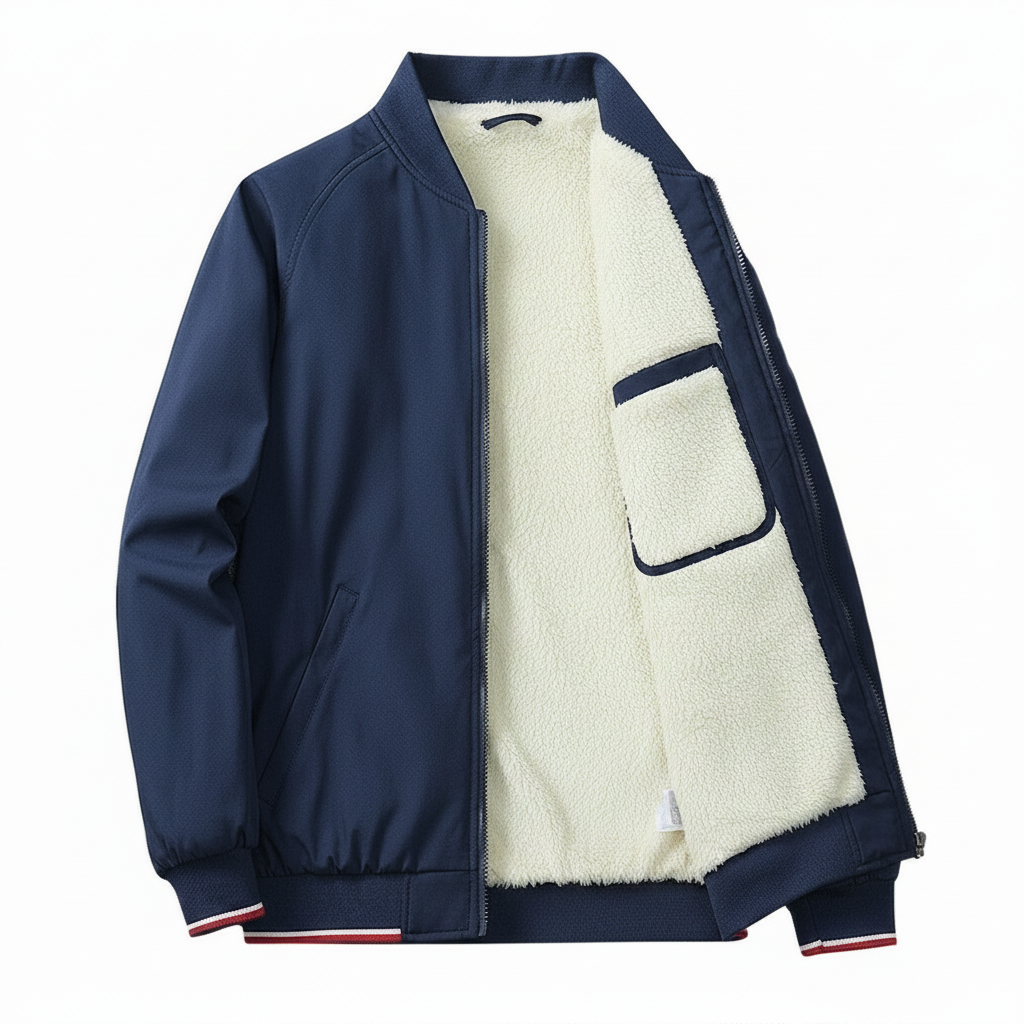 Navy blue jacket with cream sherpa lining on a white background