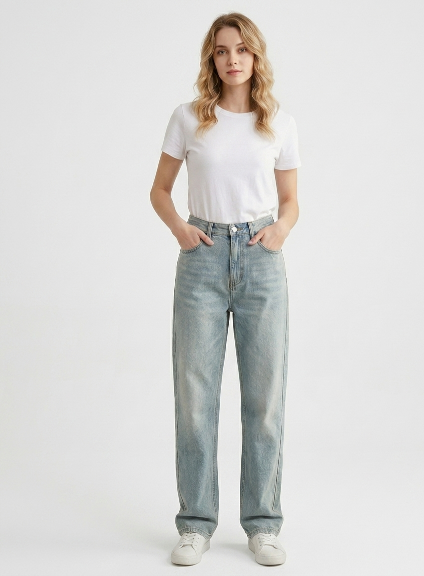 Woman wearing a white t-shirt and light blue jeans on a plain background