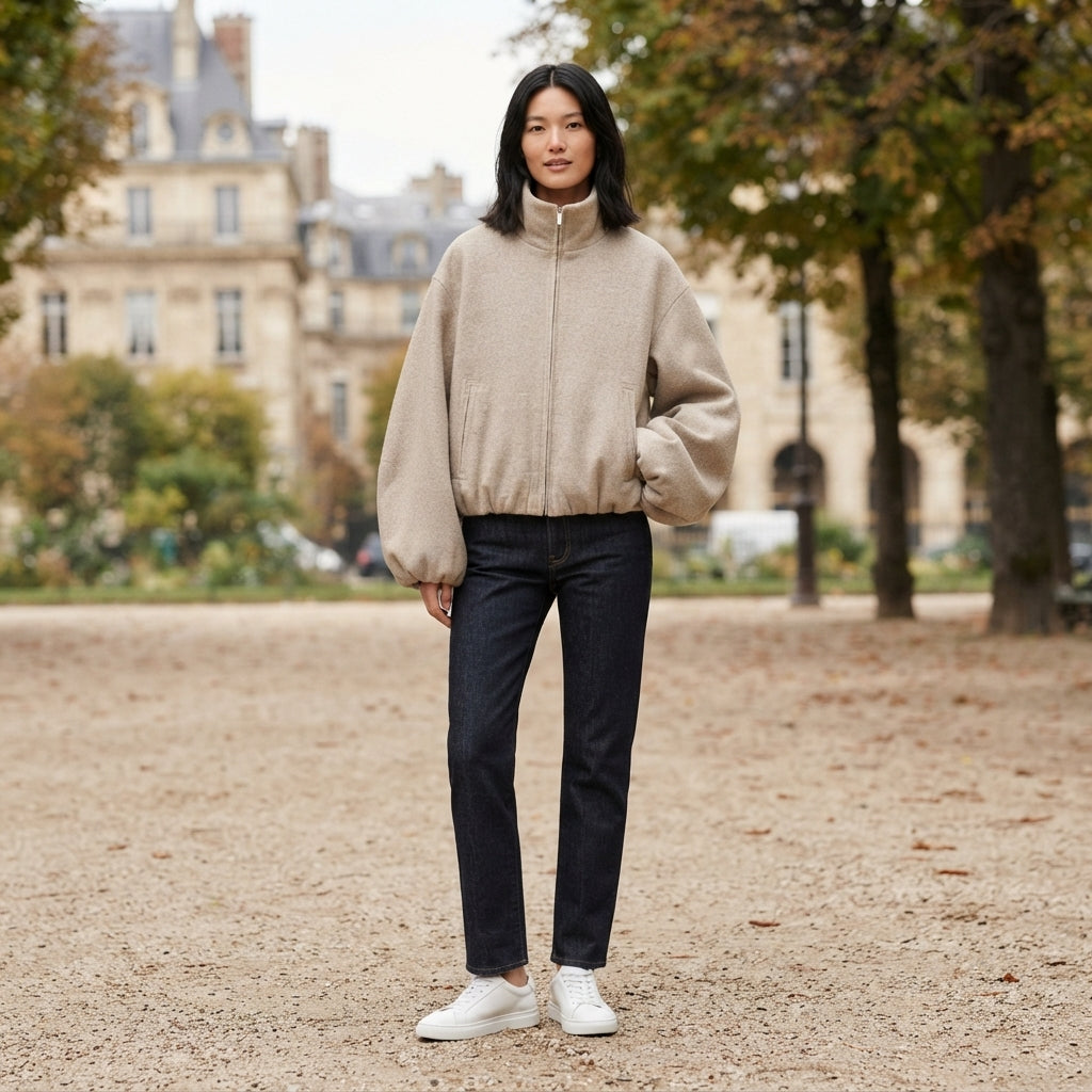 A woman stands outdoors in a park-like setting wearing a beige zip-front pullover jacket, dark navy jeans, and white sneakers. The background shows a blurred stone building and trees.