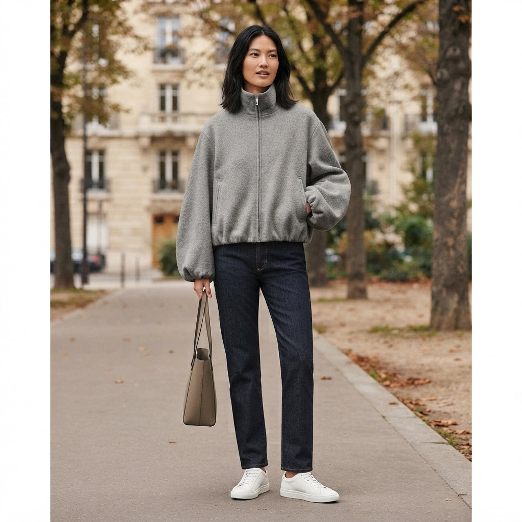 A woman stands on a city sidewalk wearing a light gray fuzzy quarter-zip pullover, dark blue jeans, and white sneakers, holding a taupe tote bag. The background shows blurred trees and a building.