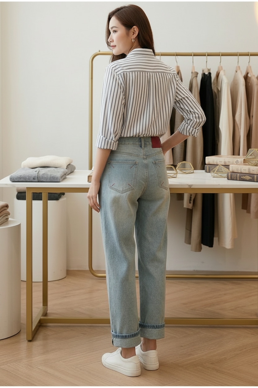 Person wearing a striped shirt and jeans standing in a clothing store.