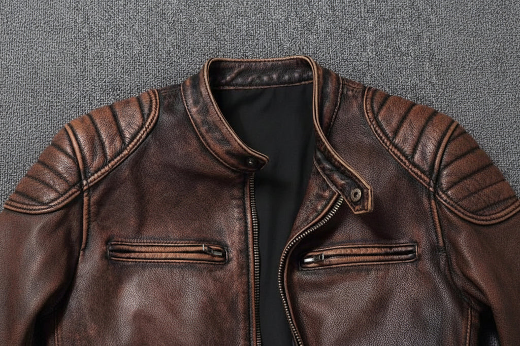A close-up of a brown distressed leather jacket with a stand collar, front zipper, and zippered chest pockets, laid flat on a gray textured background. The brand name 'COPERAS' is visible on the inner neck label.