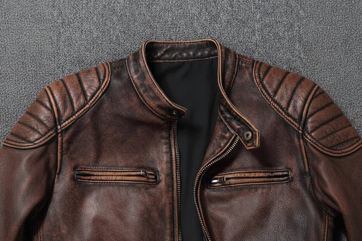 A close-up of a brown distressed leather jacket with a stand collar, front zipper, and zippered chest pockets, laid flat on a gray textured background. The brand name 'COPERAS' is visible on the inner neck label.