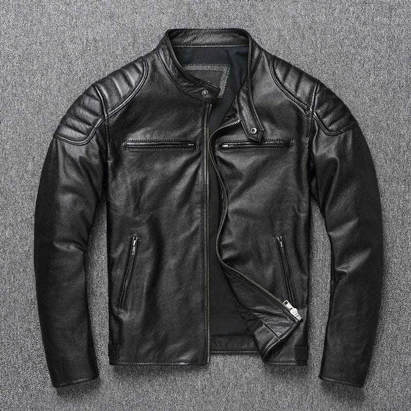 Black leather jacket on a gray textured background