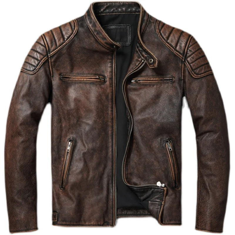 Brown leather jacket with zippers on a white background