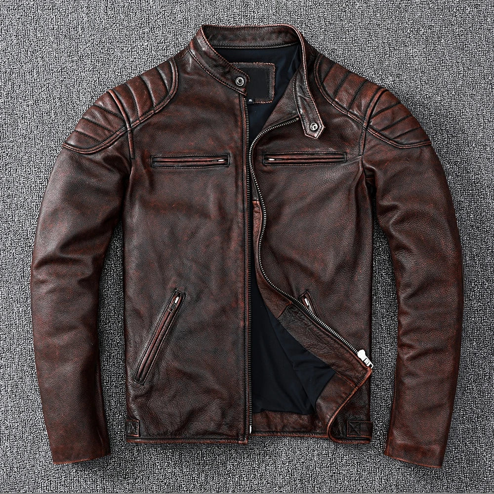 Brown leather jacket on a textured gray background