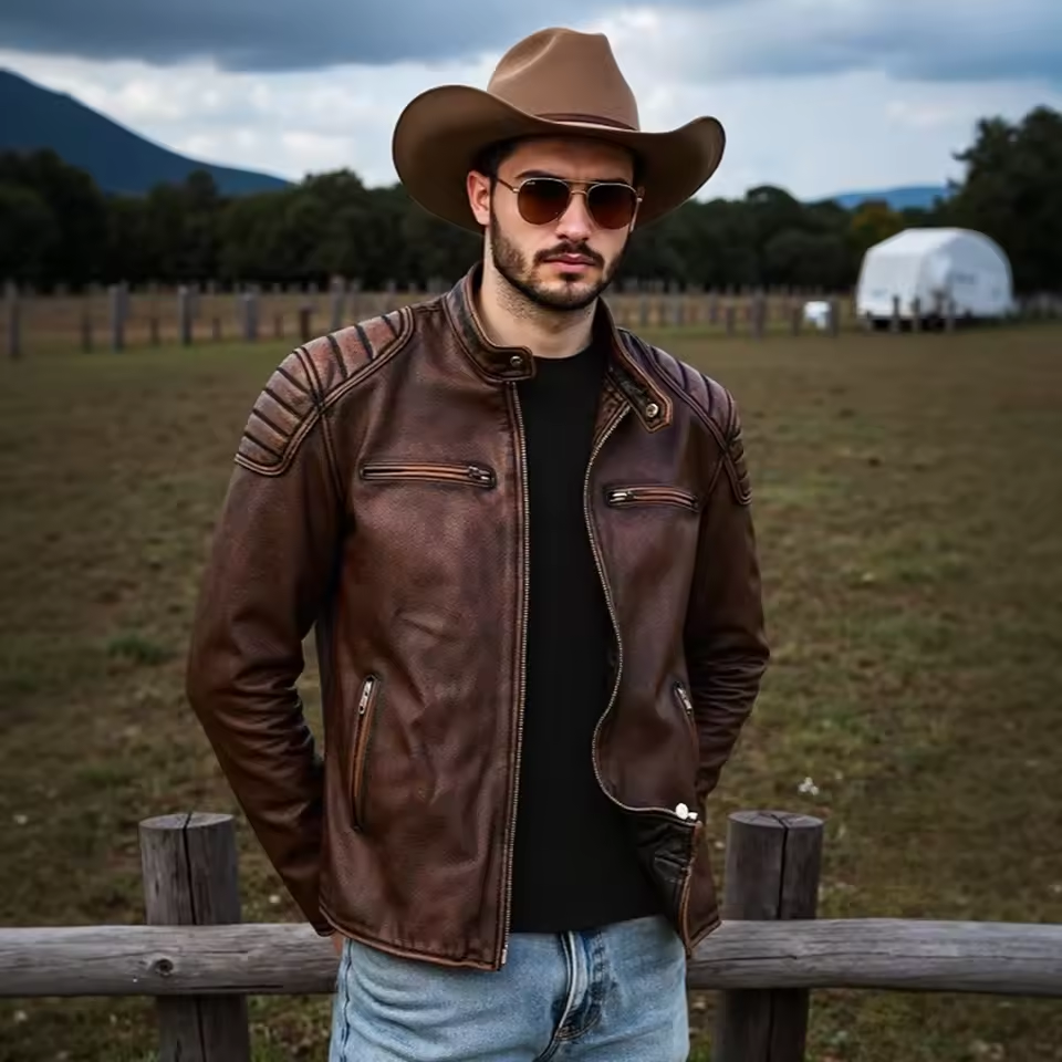 Man wearing a brown leather jacket and cowboy hat standing in a field with mountains in the background.