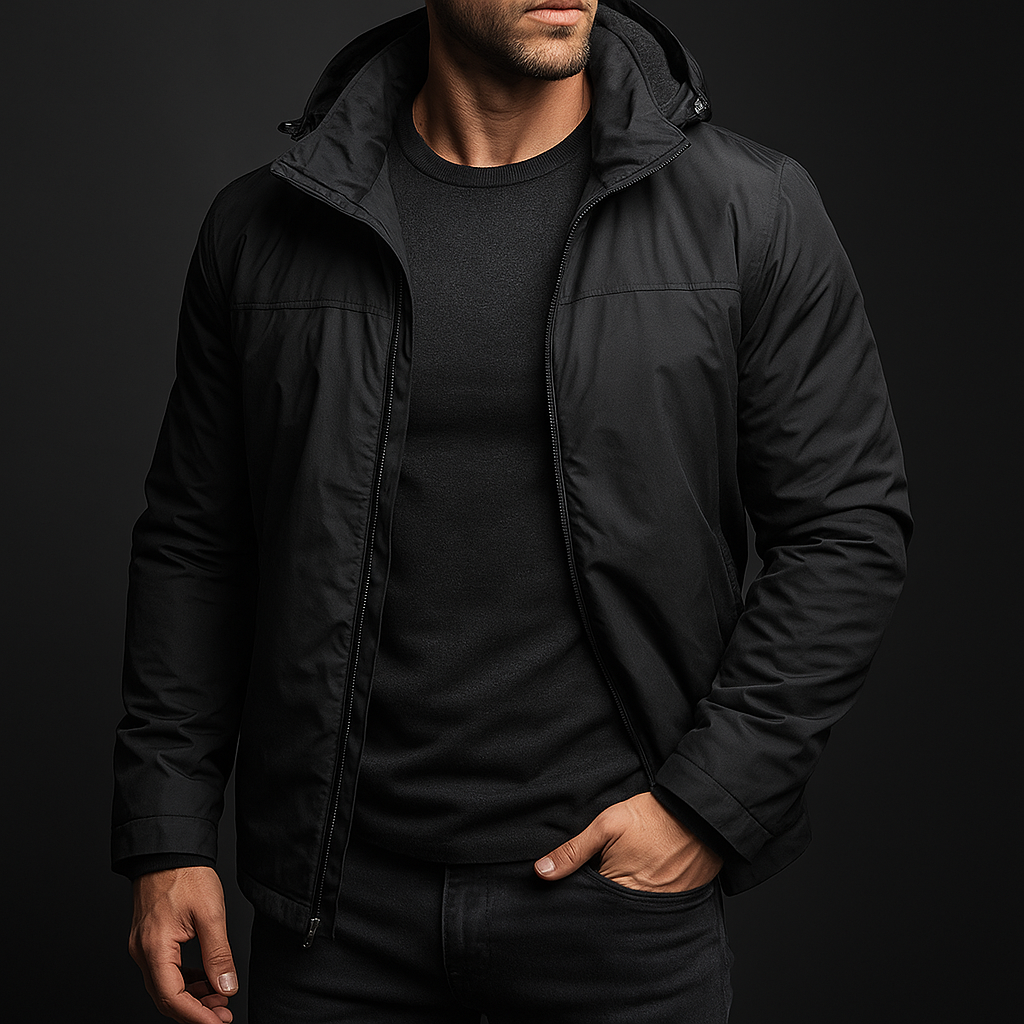 A man wearing a black hooded jacket over a black crewneck shirt and black pants, shown from the chin down against a dark studio background.