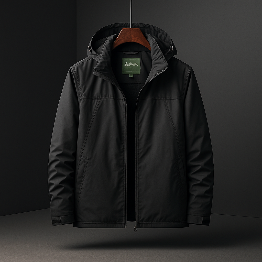 A black hooded jacket hanging on a wooden hanger against a dark studio background. The jacket has a full front zipper, a high collar, and a small green mountain logo patch visible inside the neck area.