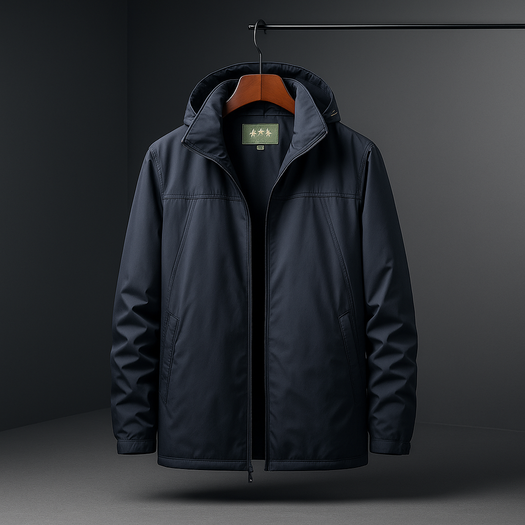 A dark navy hooded jacket hanging on a wooden hanger against a dark gray studio background.