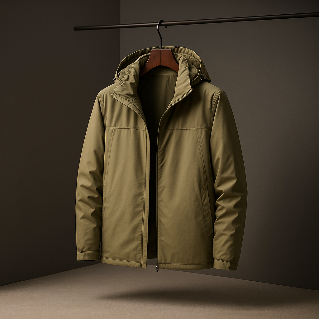 An olive green hooded jacket hanging on a wooden hanger from a black clothing rack, set against a dark gray studio background.