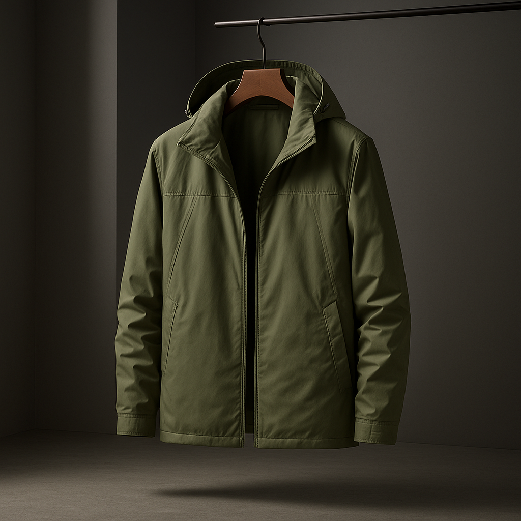 An olive green hooded jacket hanging on a wooden hanger against a dark studio background.