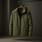 An olive green hooded jacket hanging on a wooden hanger against a dark studio background.