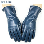 Pair of sea blue leather gloves on a white background