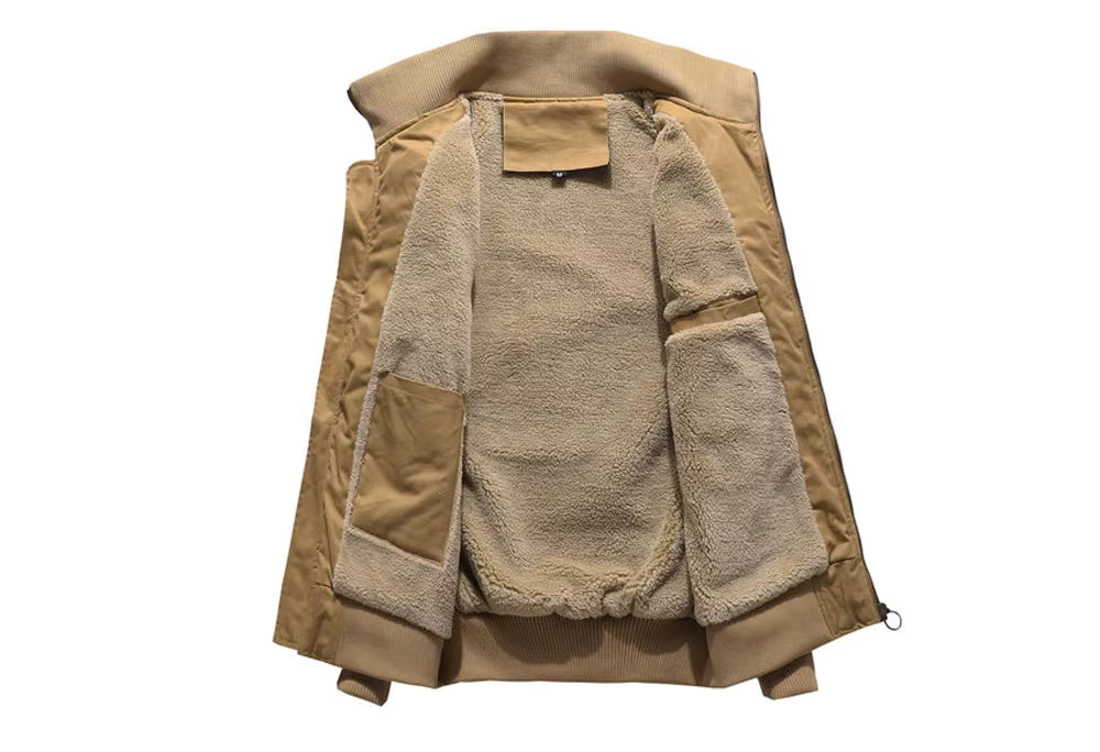 A tan and beige fleece-lined jacket shown open against a plain white background, displaying both the outer shell and the soft sherpa interior.