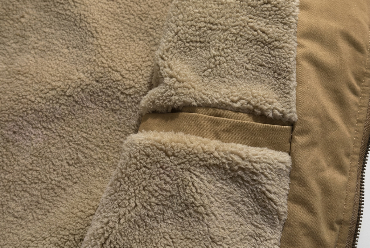 Close-up of a beige sherpa-lined inner pocket with a tan fabric pocket flap and zipper, labeled '6.Inner Pocket'.
