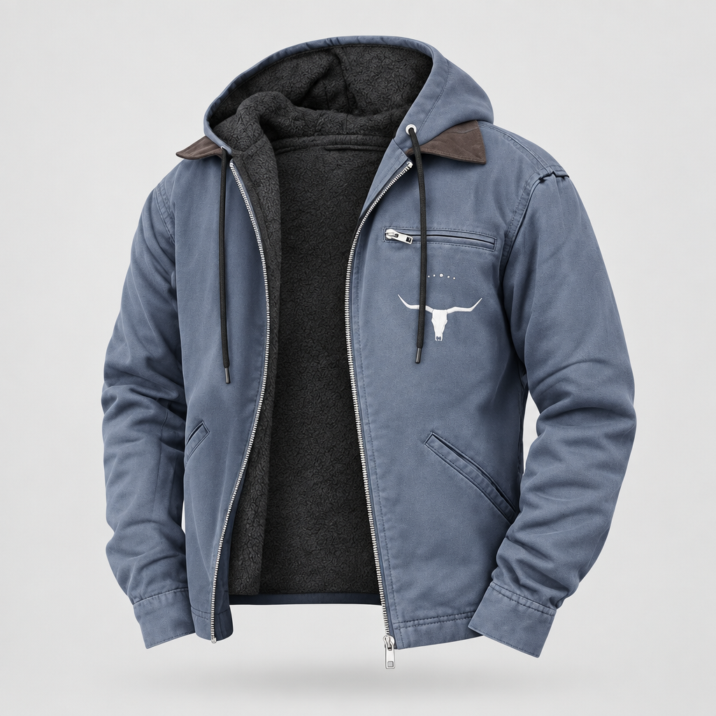 Gray hoodie with a brand logo on a white background