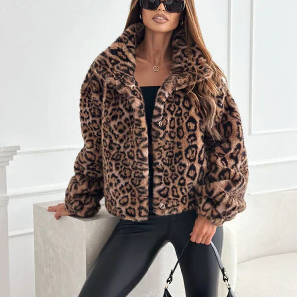 Women's Leopard Print Plush Short Jacket | Cozy Warm Coat