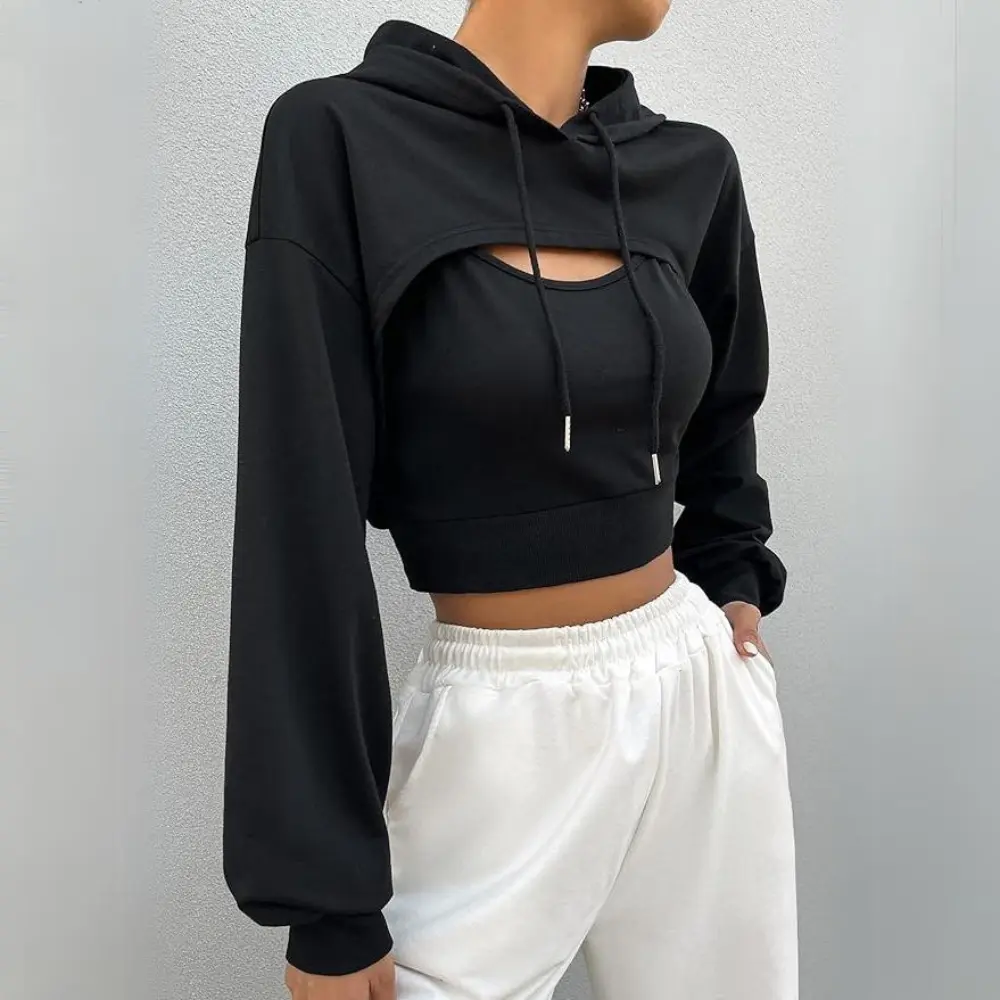 Women's Cropped Low Hem Hoodie | Y2K Drawstring Sweatshirt