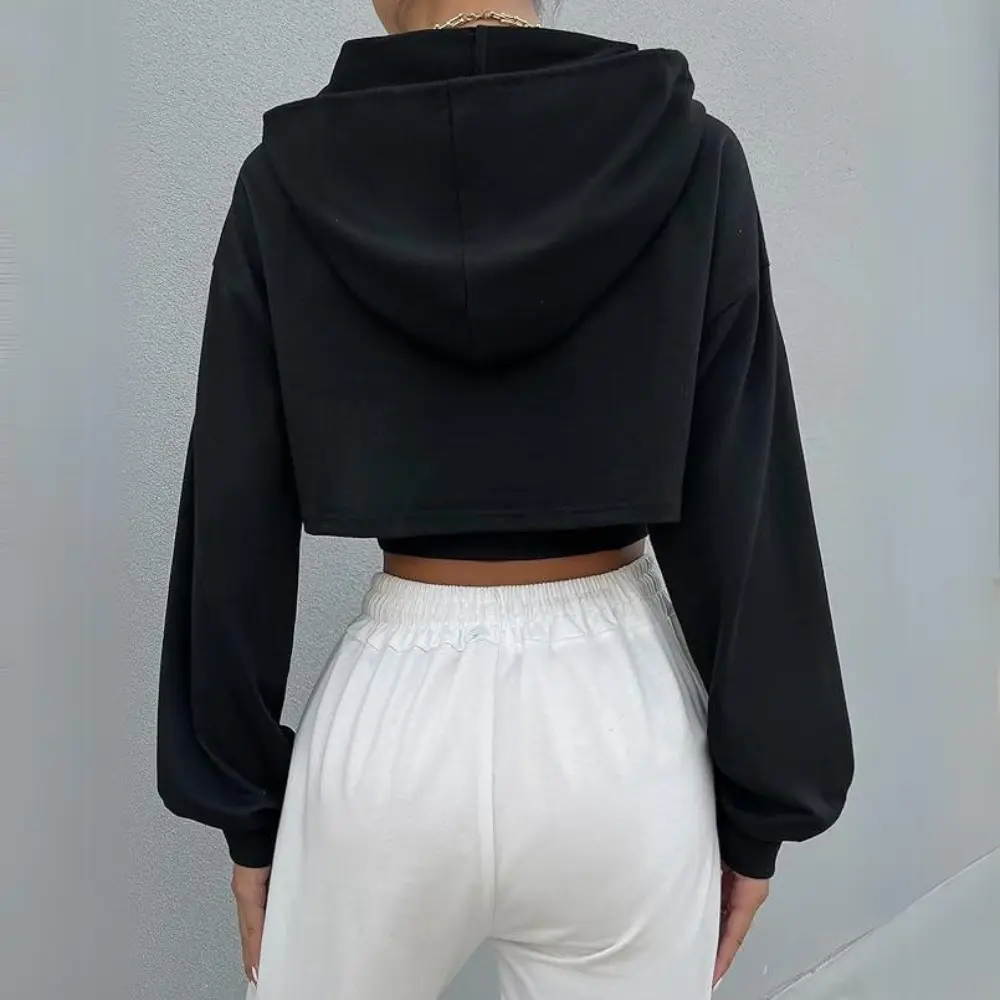 Women's Cropped Low Hem Hoodie | Y2K Drawstring Sweatshirt