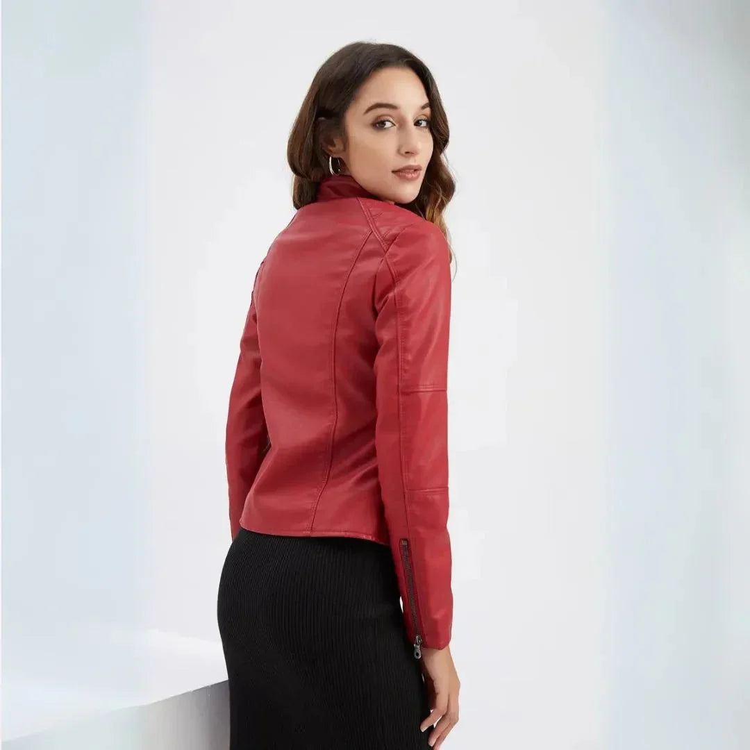 Women's Mandarin Collar Leather Jacket | Sleek Faux Leather Coat
