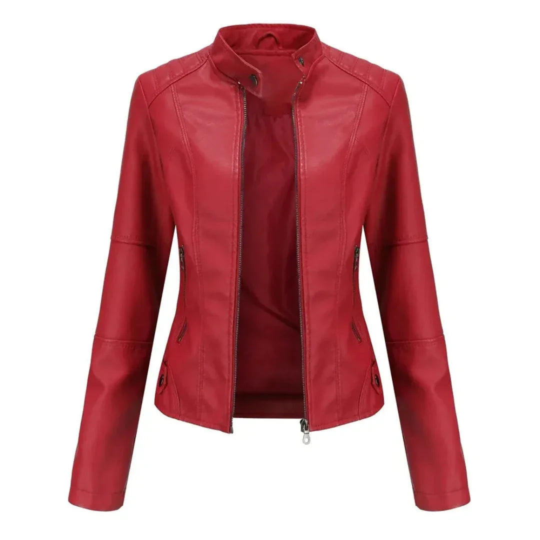 Women's Mandarin Collar Leather Jacket | Sleek Faux Leather Coat