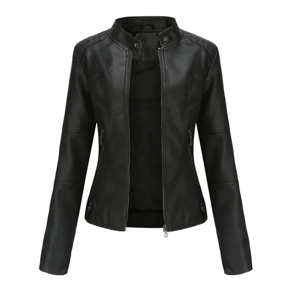 Women's Mandarin Collar Leather Jacket | Sleek Faux Leather Coat