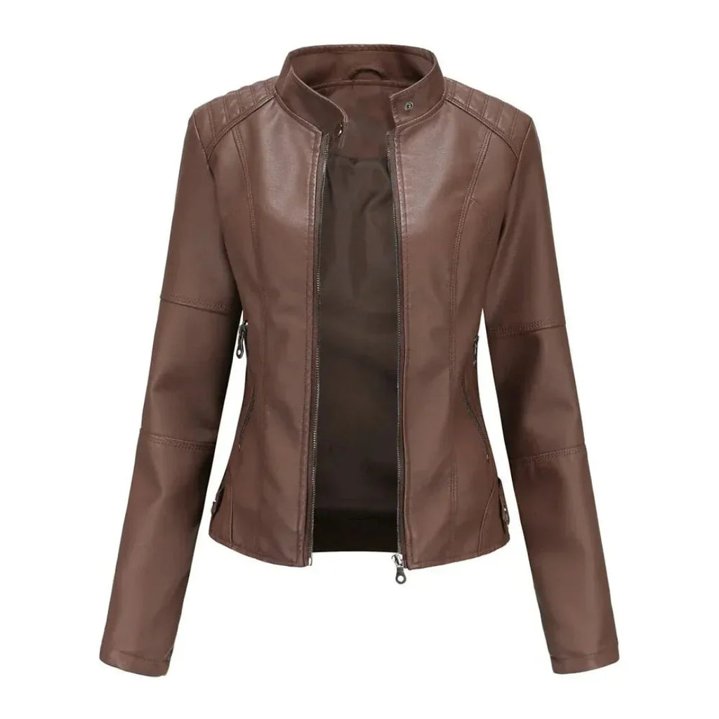 Women's Mandarin Collar Leather Jacket | Sleek Faux Leather Coat