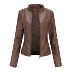 Women's Mandarin Collar Leather Jacket | Sleek Faux Leather Coat