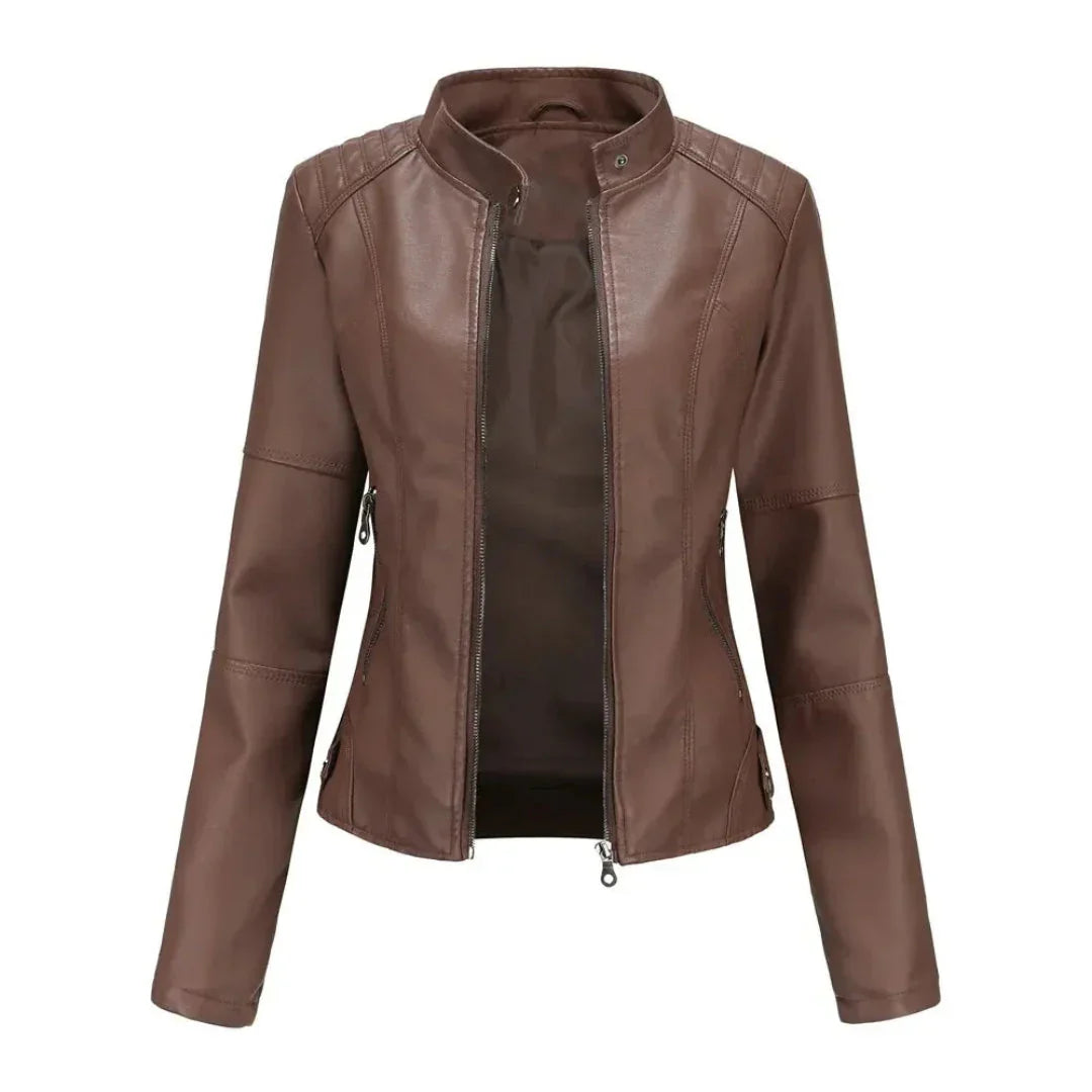 Women's Mandarin Collar Leather Jacket | Sleek Faux Leather Coat