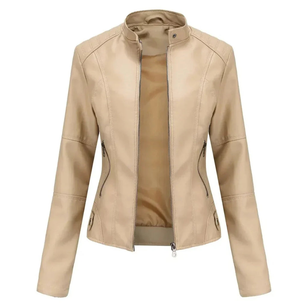 Women's Mandarin Collar Leather Jacket | Sleek Faux Leather Coat