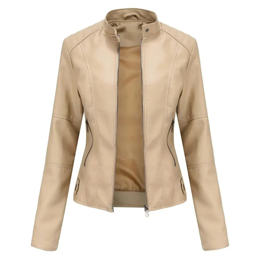Women's Mandarin Collar Leather Jacket | Sleek Faux Leather Coat