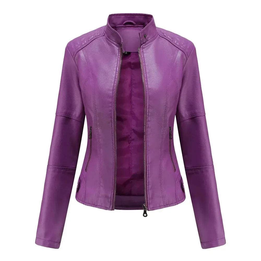 Women's Mandarin Collar Leather Jacket | Sleek Faux Leather Coat