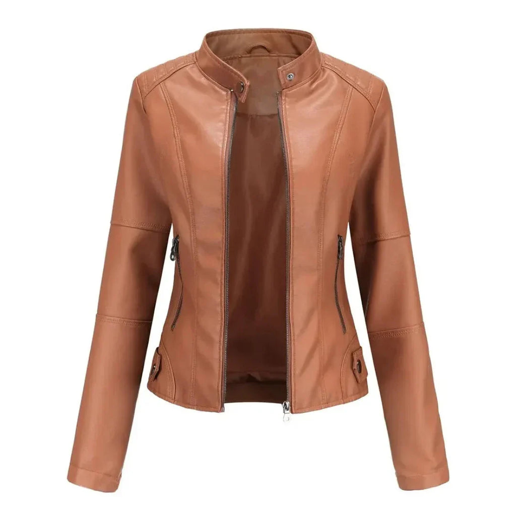 Women's Mandarin Collar Leather Jacket | Sleek Faux Leather Coat