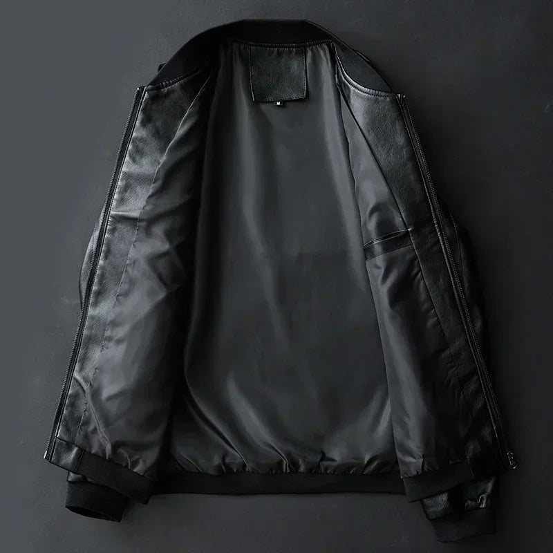 Black leather jacket on a dark gray background