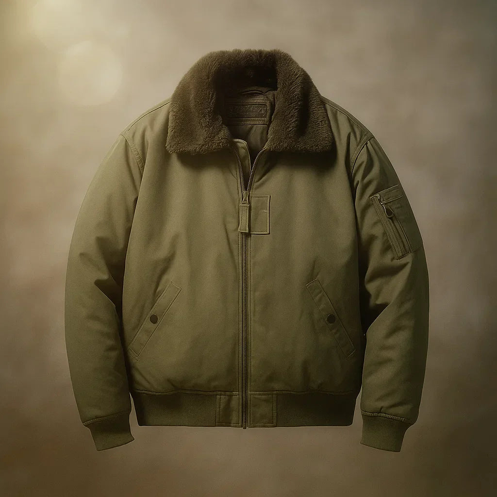 An olive green military-style bomber jacket with a brown faux-fur collar, shown against a warm, textured brown background.