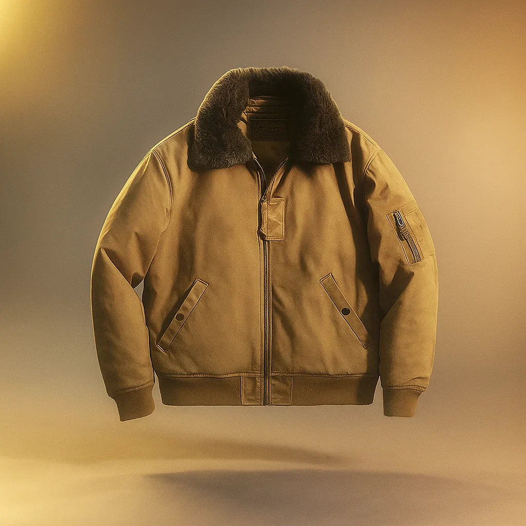 Brown jacket with fur collar on a gradient background