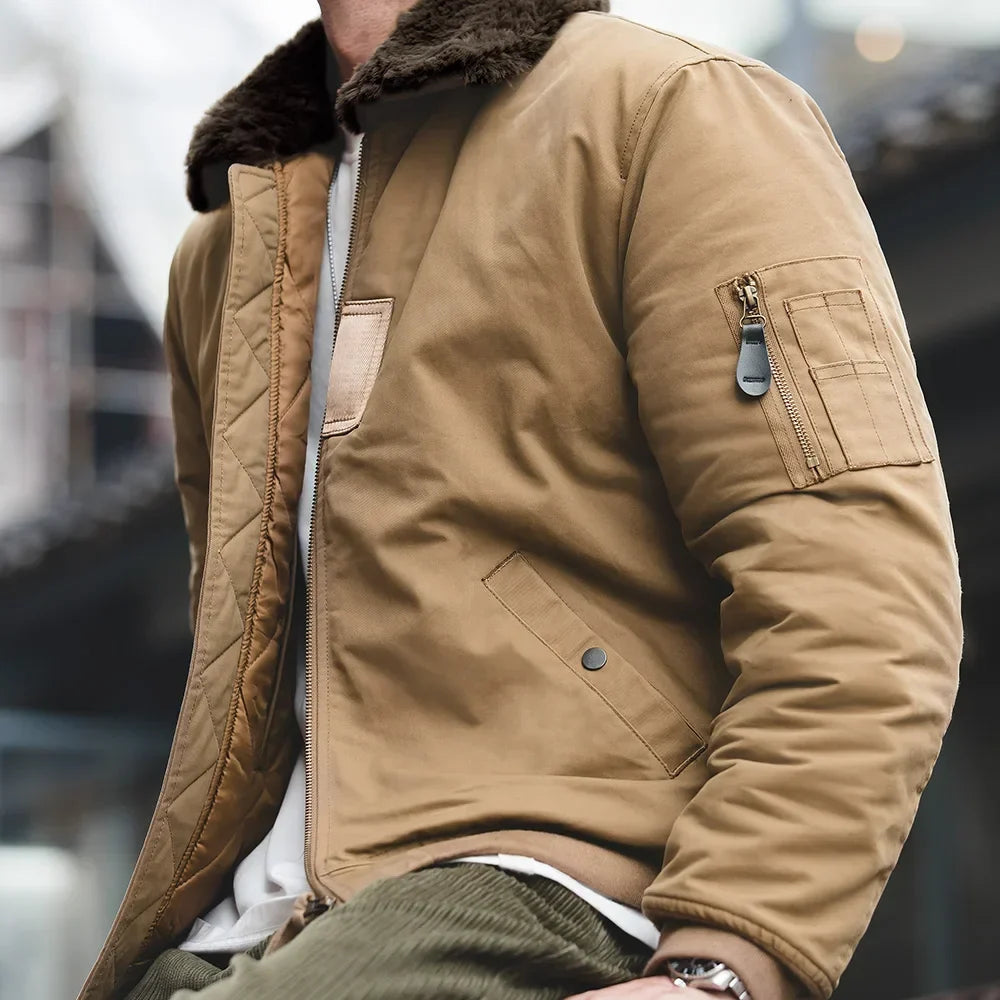 Brown jacket with fur lining on a blurred background