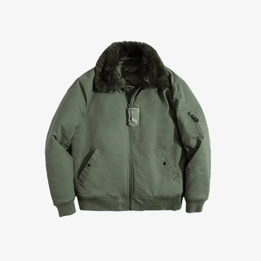 Green jacket with fur collar on a white background