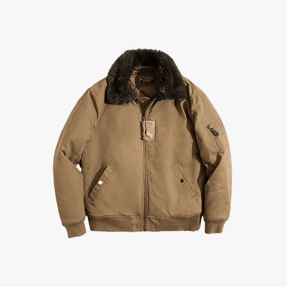 Brown jacket with black fur collar on a white background