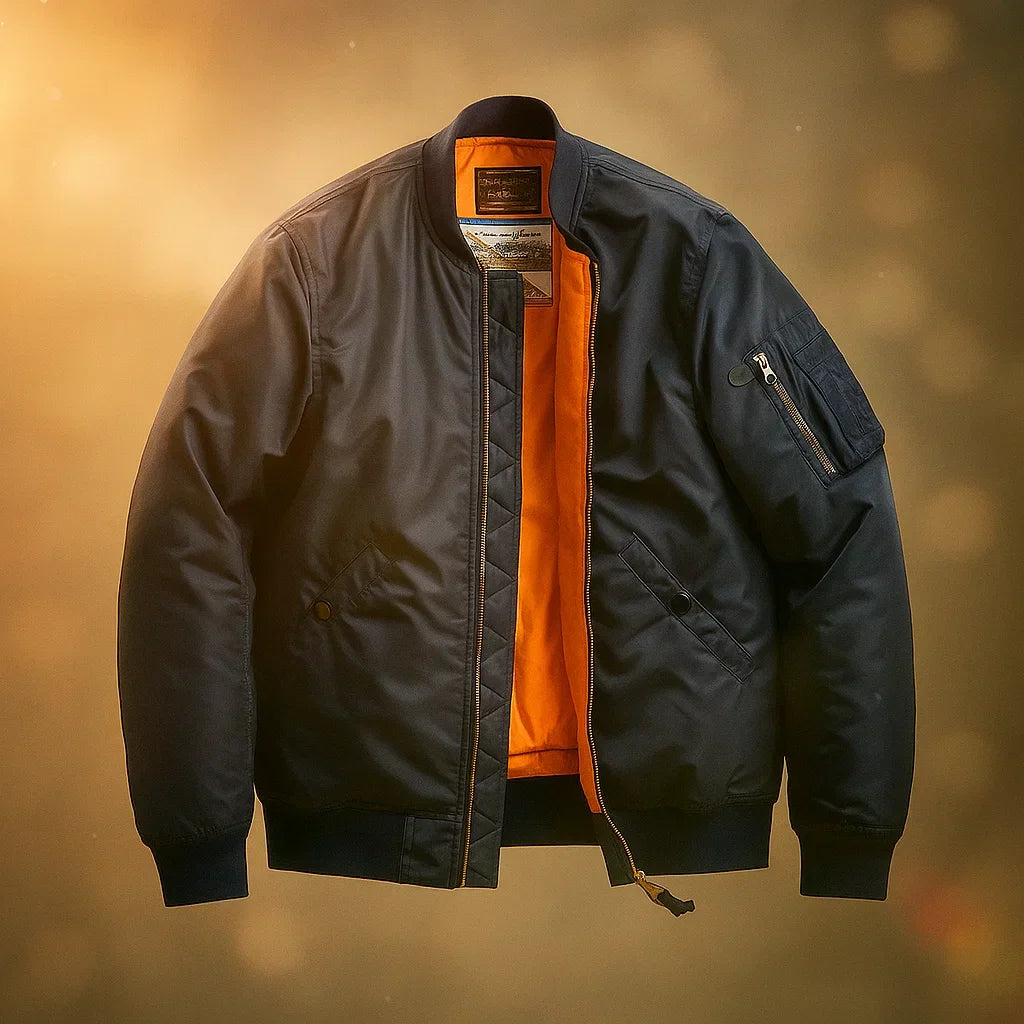 Black bomber jacket with orange lining on a blurred background