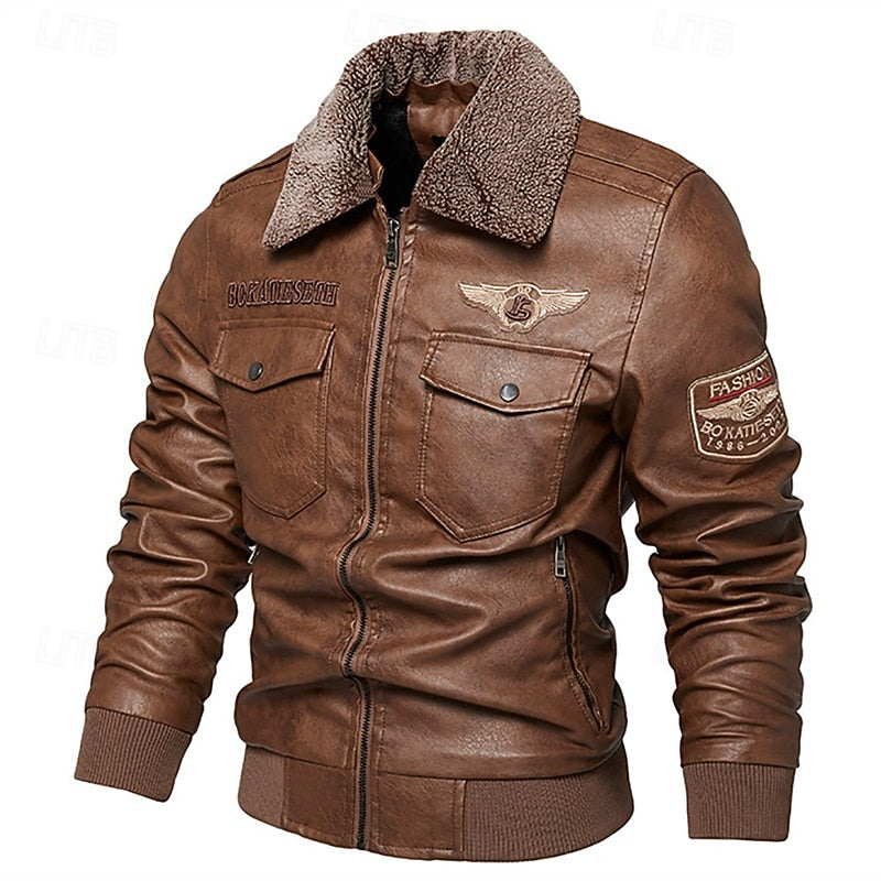Men's Faux Leather Bomber Jacket – Fleece Collar Casual Winter Coat