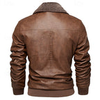 Brown leather jacket with a textured collar on a white background