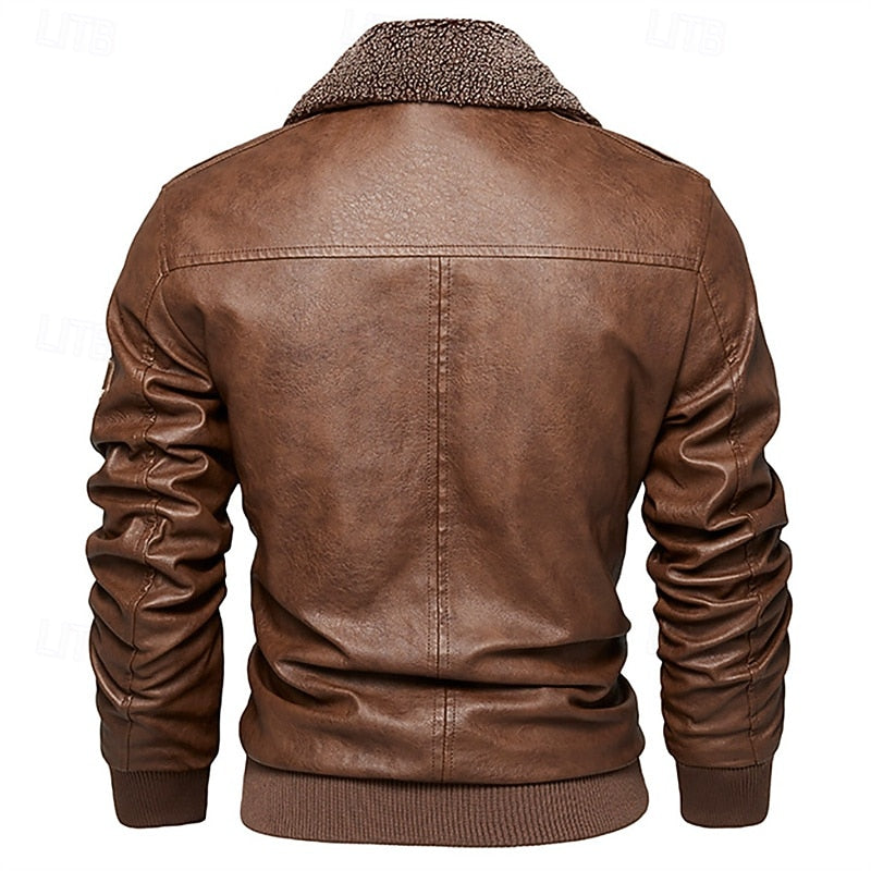 Brown leather jacket with a textured collar on a white background