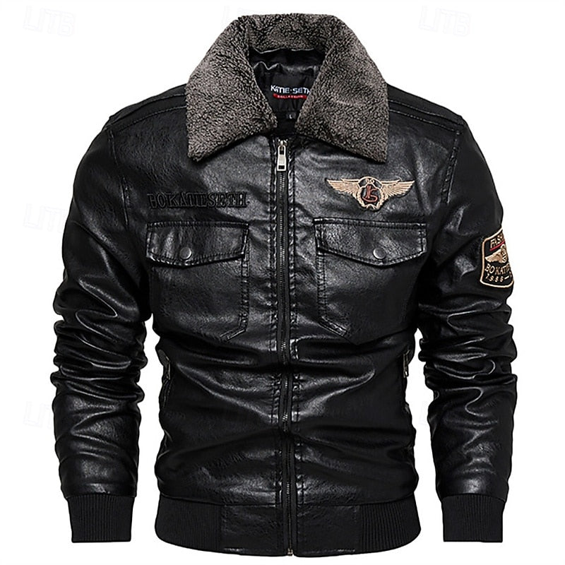 Men's Faux Leather Bomber Jacket – Fleece Collar Casual Winter Coat